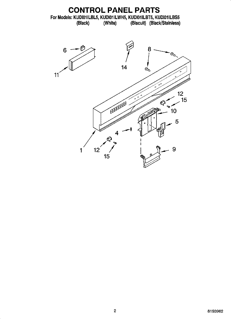 CONTROL PANEL PARTS Diagram and Parts List for KUDI01ILBT5  KitchenAid Dishwasher