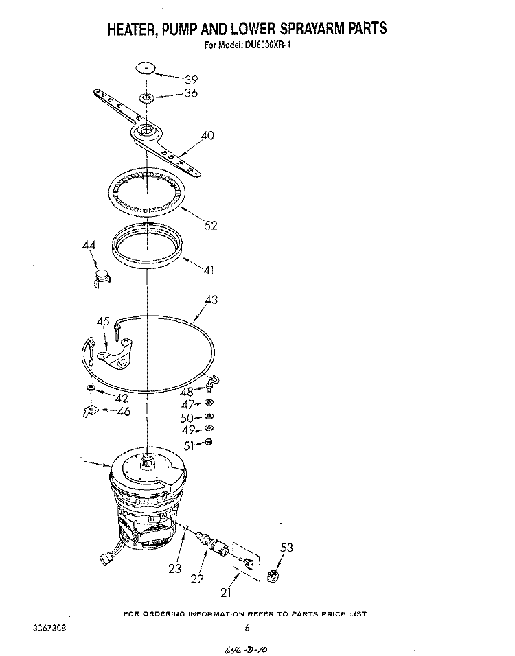 HEATER, PUMP AND LOWER SPRAYARM Diagram and Parts List for DU6000XR1  Whirlpool Dishwasher