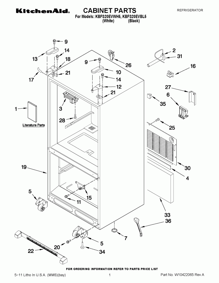 CABINET PARTS Diagram and Parts List for KBFS20EVBL5  KitchenAid Refrigerator