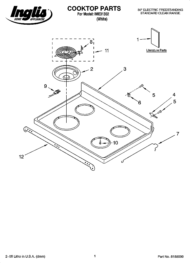 COOKTOP PARTS Diagram and Parts List for IME31302  Inglis Range