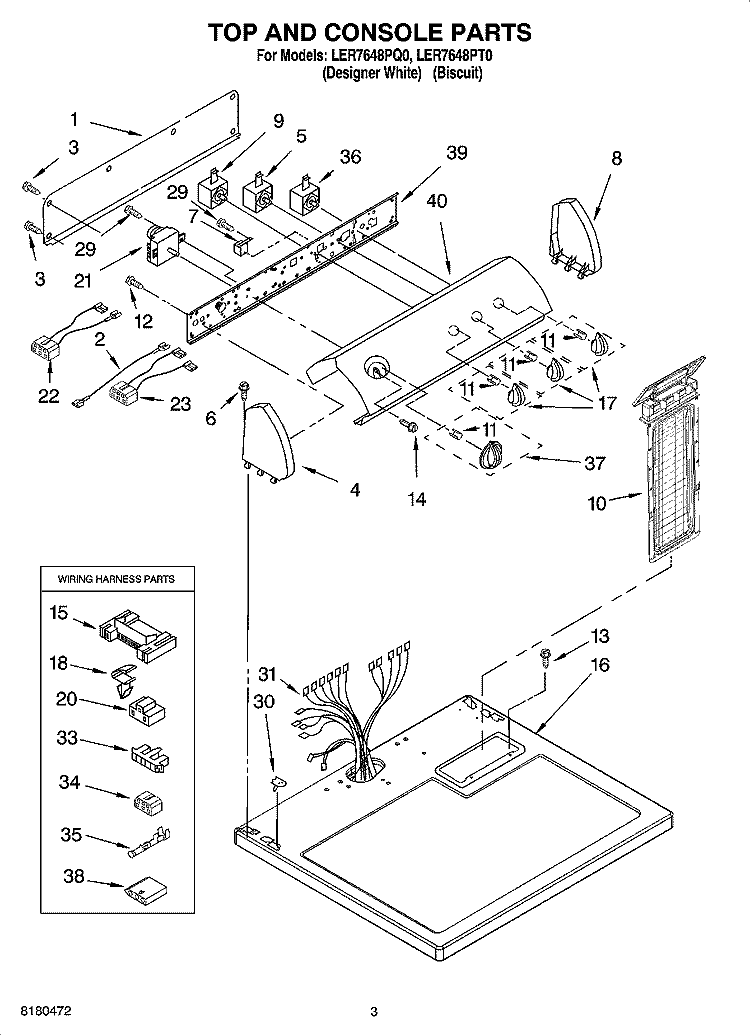 TOP AND CONSOLE PARTS Diagram and Parts List for LER7648PT0  Whirlpool Dryer