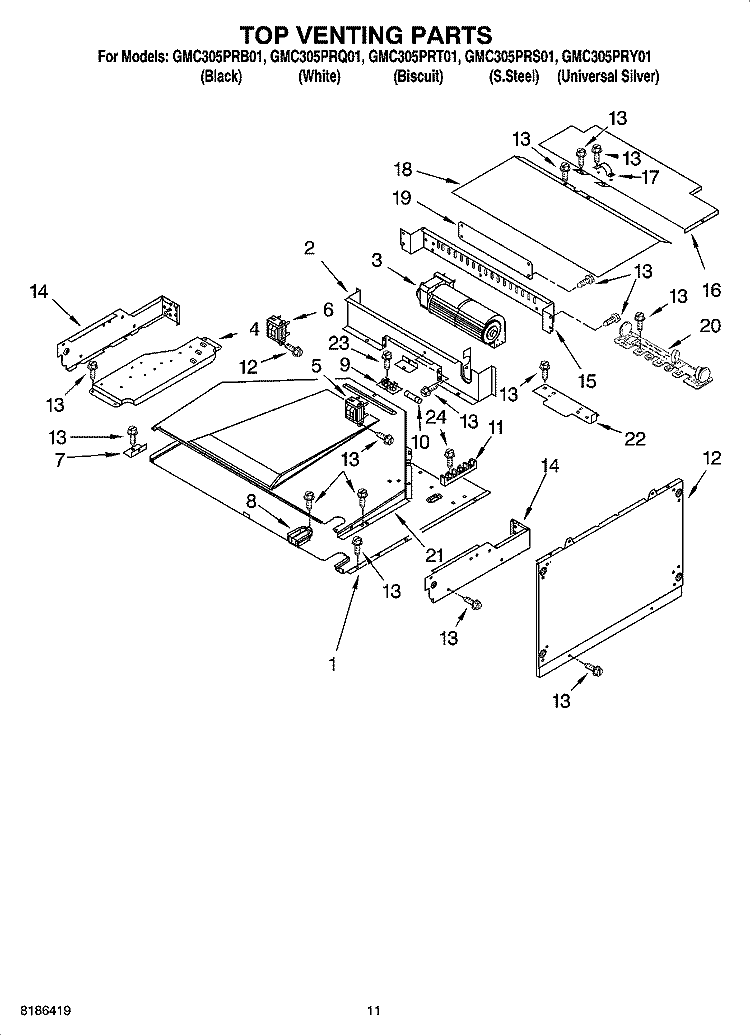TOP VENTING PARTS, OPTIONAL PARTS Diagram and Parts List for GMC305PRS01  Whirlpool Microwave Oven Combo