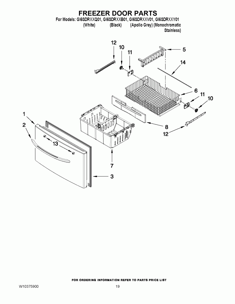 FREEZER DOOR PARTS Diagram and Parts List for GI6SDRXXB01  Whirlpool Refrigerator