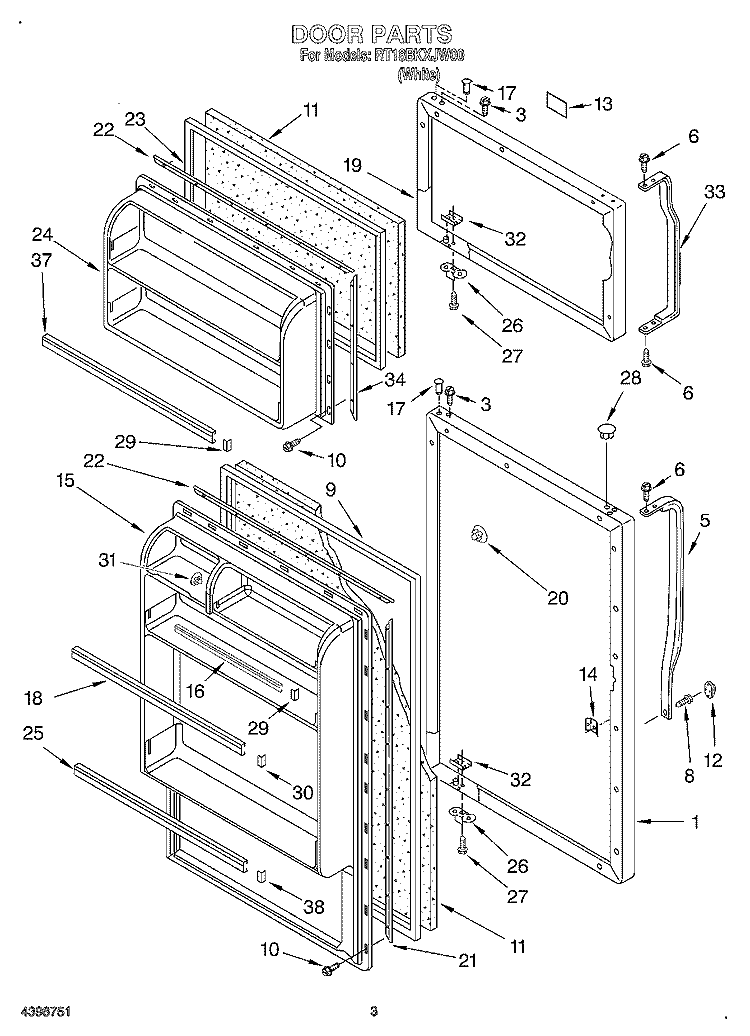 DOOR Diagram and Parts List for RT18BKXJW00  Roper Refrigerator