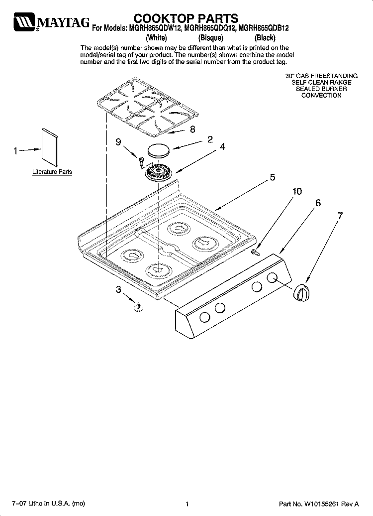 COOKTOP PARTS Diagram and Parts List for MGRH865QDB12  Maytag Range