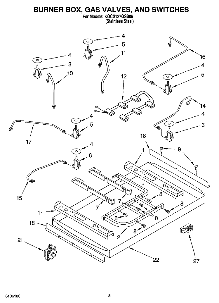 BURNER BOX, GAS VALVES, AND SWITCHES Diagram and Parts List for KGCS127GSS05  KitchenAid Cooktop