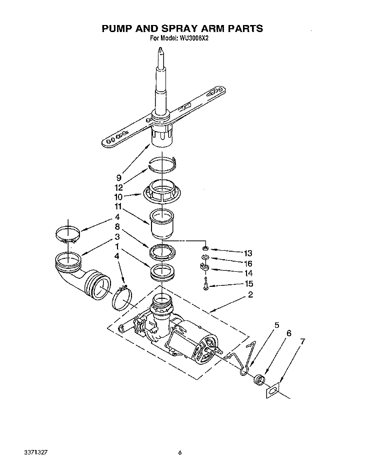 PUMP AND SPRAY ARM Diagram and Parts List for WU3006X2  Roper Dishwasher