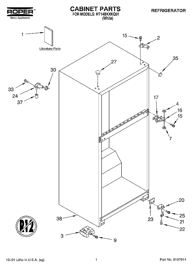 CABINET, LITERATURE Diagram and Parts List for RT14BKXKQ01  Roper Refrigerator