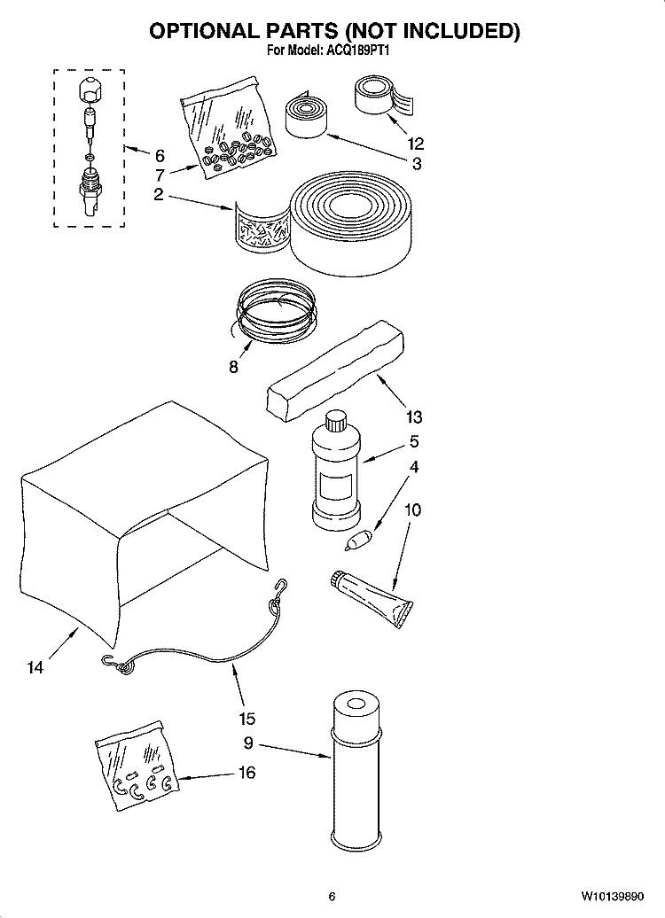 OPTIONAL  PARTS (NOT INCLUDED) Diagram and Parts List for ACQ189PT1  Whirlpool Air Conditioner