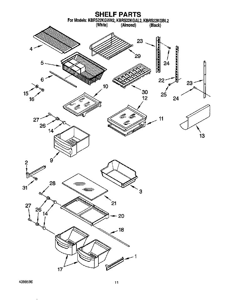 SHELF, OPTIONAL Diagram and Parts List for KBRS22KGBL2  KitchenAid Refrigerator