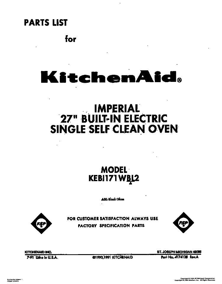 COVER Diagram and Parts List for KEBI171WBL2  KitchenAid Wall Oven