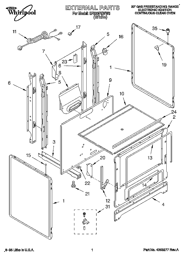 EXTERNAL Diagram and Parts List for SF330PEWW6  Whirlpool Range