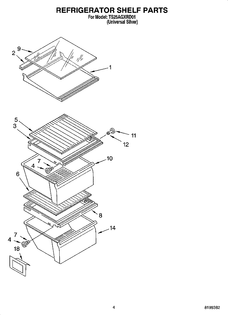 REFRIGERATOR SHELF PARTS Diagram and Parts List for TS25AGXRD01  Estate Refrigerator