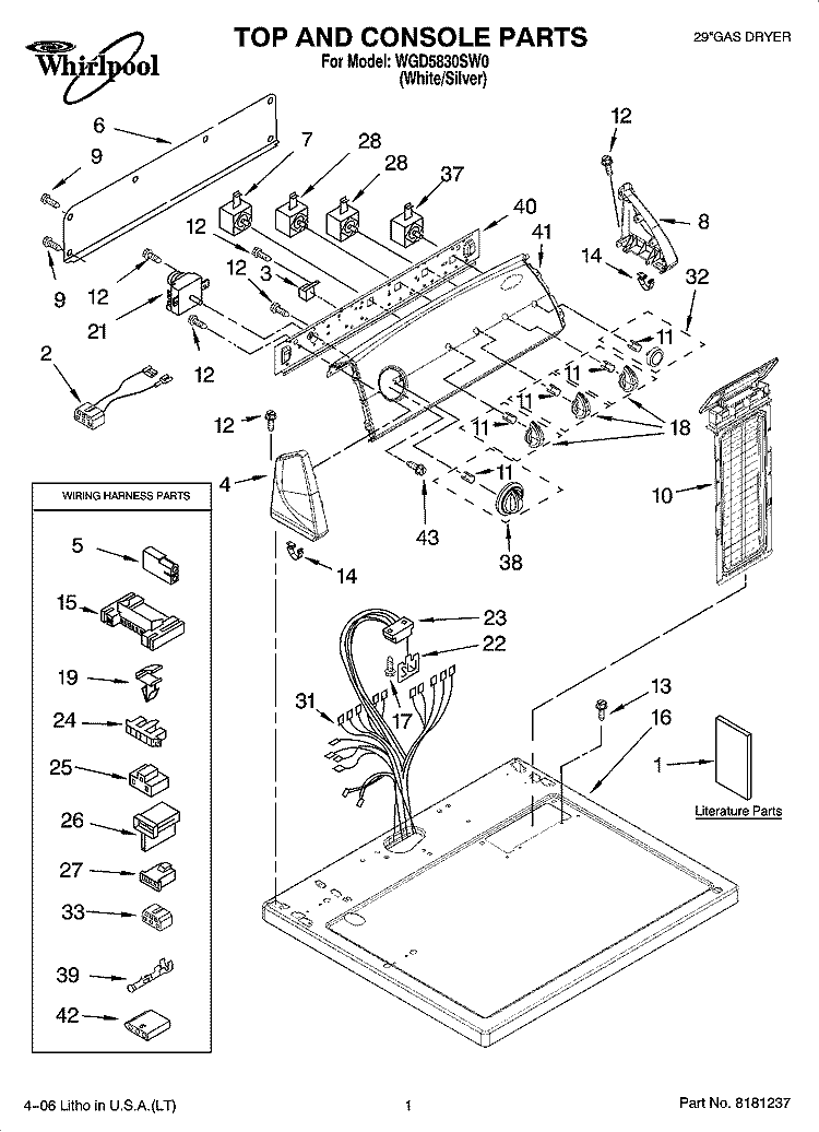 TOP AND CONSOLE PARTS Diagram and Parts List for WGD5830SW0  Whirlpool Dryer