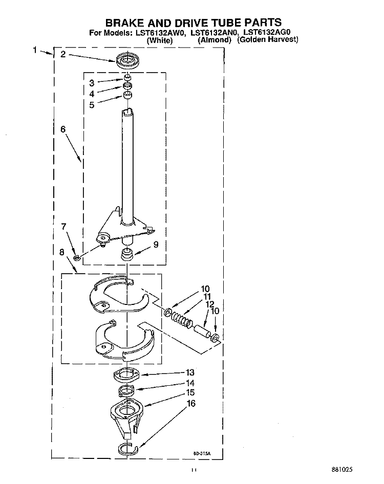 BRAKE AND DRIVE TUBE Diagram and Parts List for LST6132AG0  Whirlpool Washer