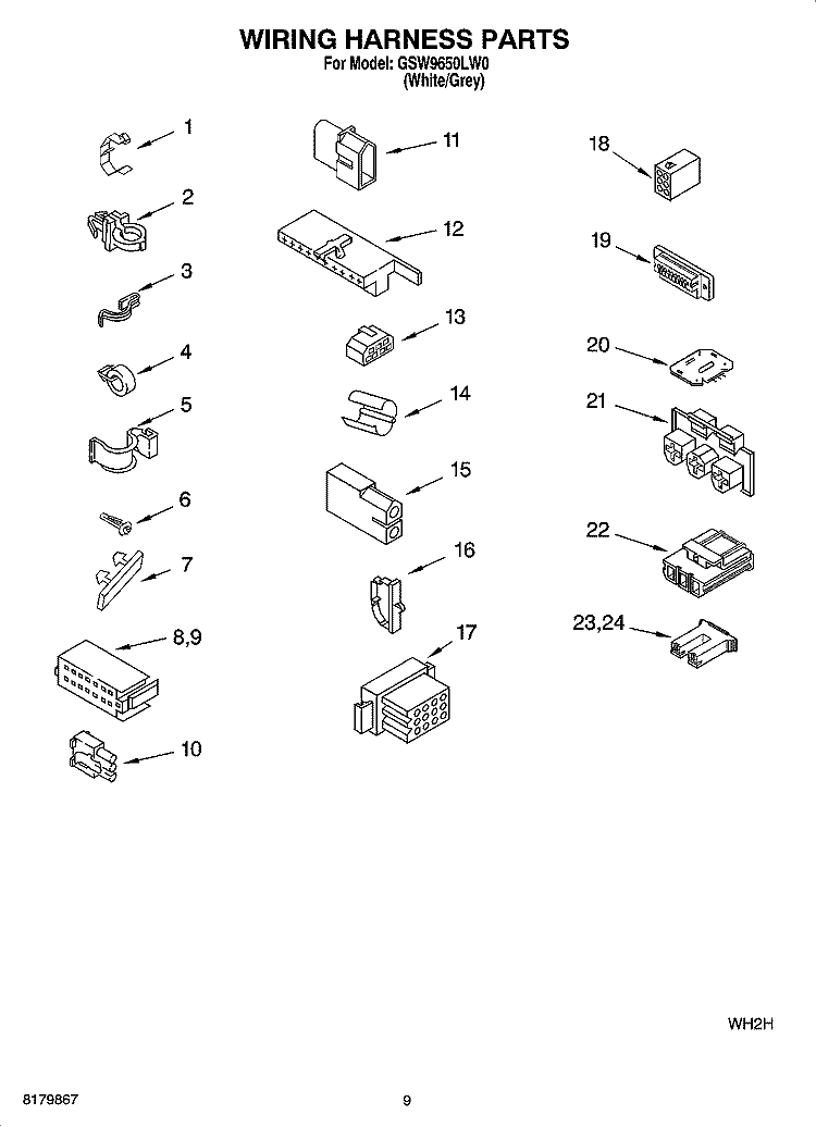 WIRING HARNESS PARTS Diagram and Parts List for GSW9650LW0  Whirlpool Washer