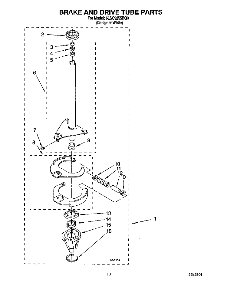BRAKE AND DRIVE TUBE Diagram and Parts List for 6LSC9255BQ0  Whirlpool Washer