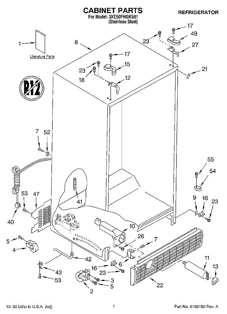 CABINET, LITERATURE Diagram and Parts List for 3XES0FHGKS01  Whirlpool Refrigerator