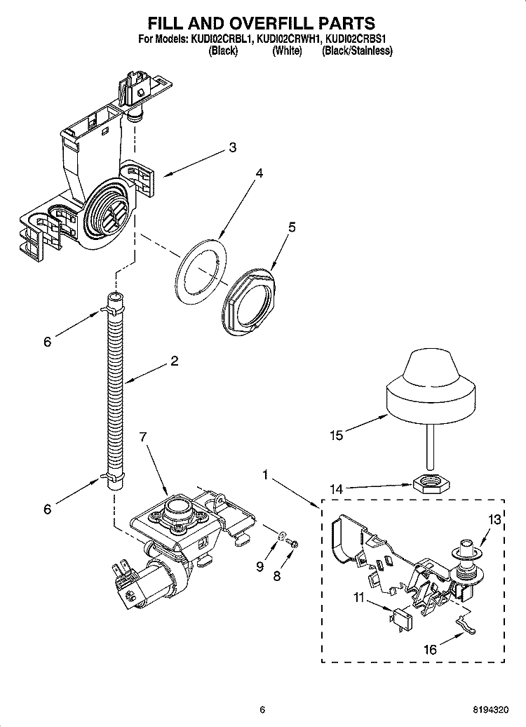 FILL AND OVERFILL PARTS Diagram and Parts List for KUDI02CRBL1  KitchenAid Dishwasher
