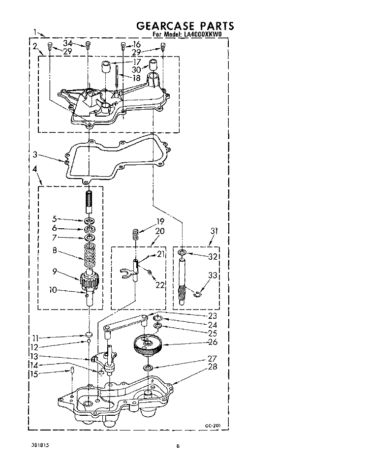 GEARCASE Diagram and Parts List for LA4000XKW0  Whirlpool Washer