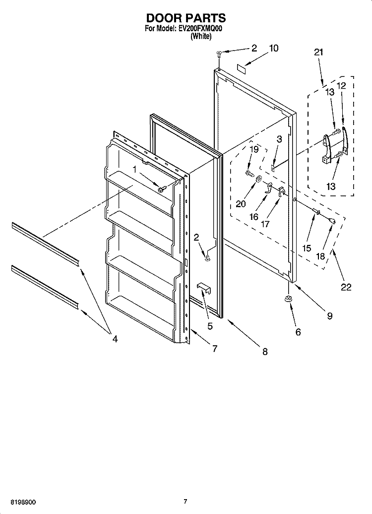 DOOR PARTS, OPTIONAL PARTS (NOT INCLUDED) Diagram and Parts List for EV200FXMQ00  Whirlpool Freezer