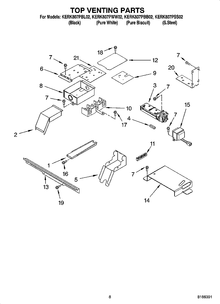 TOP VENTING PARTS, OPTIONAL PARTS Diagram and Parts List for KERK807PBB02  KitchenAid Range
