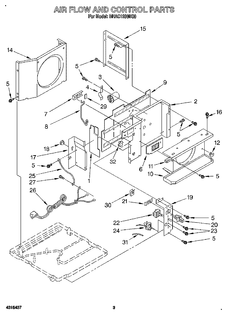 AIRFLOW AND CONTROL Diagram and Parts List for BHAC1200BS0  Whirlpool Air Conditioner