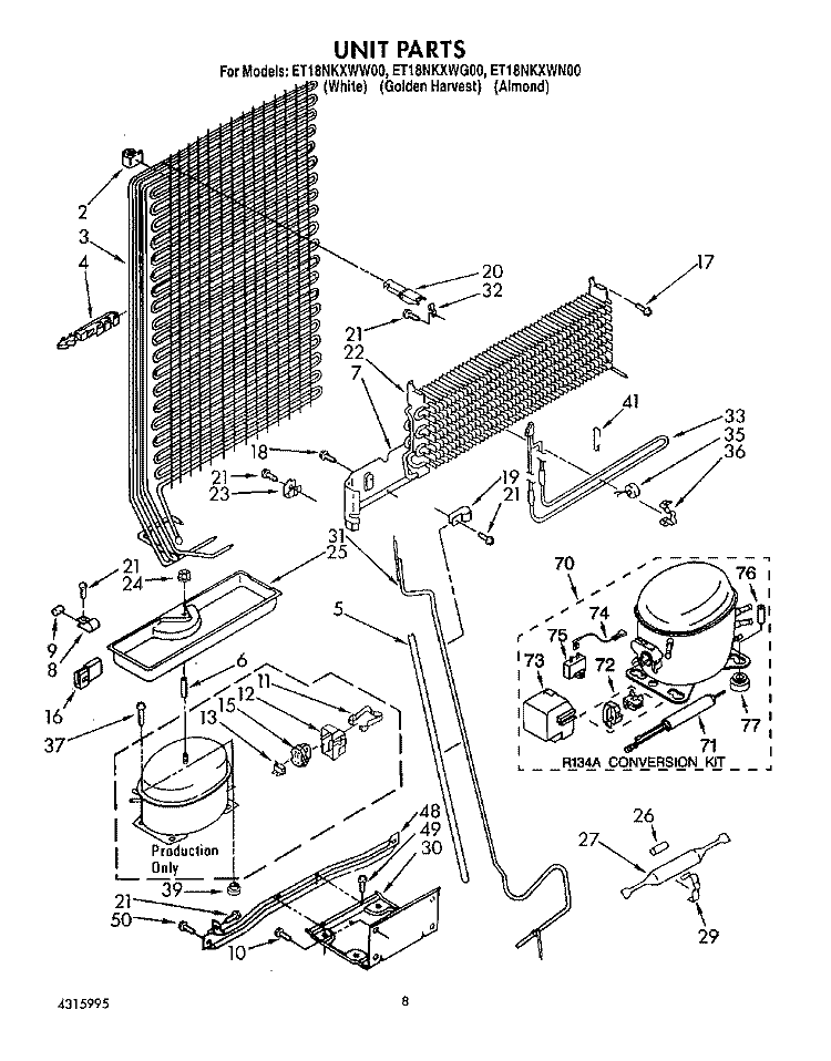 UNIT Diagram and Parts List for ET18NKXWN00  Whirlpool Refrigerator