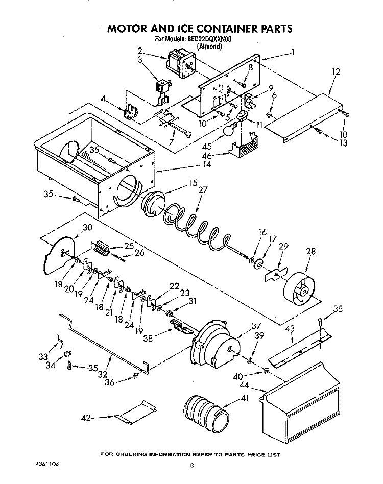 MOTOR AND ICE CONTAINER Diagram and Parts List for 8ED22DQXXN00  Whirlpool Refrigerator