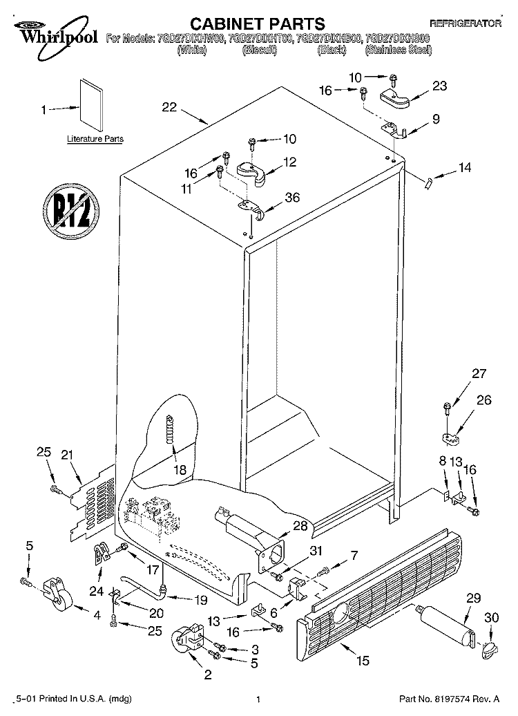 CABINET, LITERATURE Diagram and Parts List for 7GD27DIXHT00  Whirlpool Refrigerator