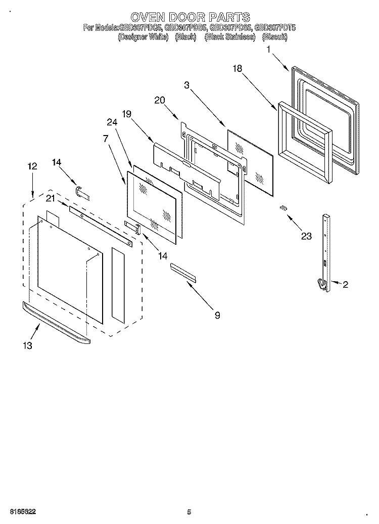 OVEN DOOR Diagram and Parts List for GBD307PDB5  Whirlpool Wall Oven