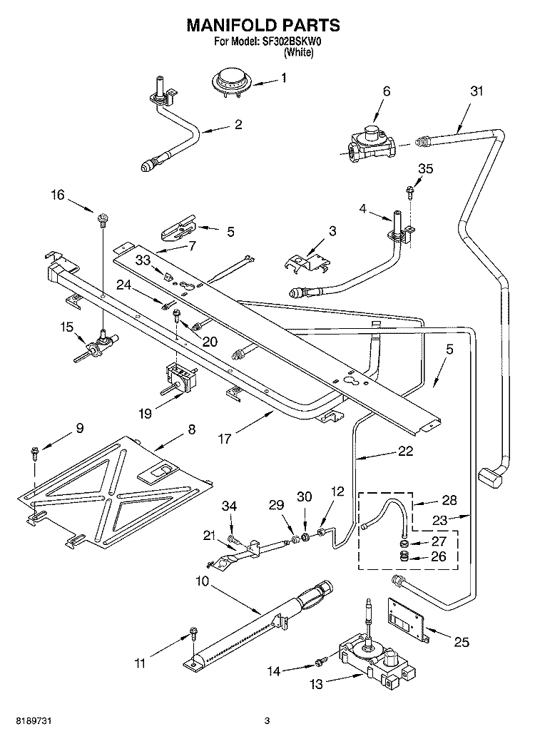 MANIFOLD Diagram and Parts List for SF302BSKW0  Whirlpool Range