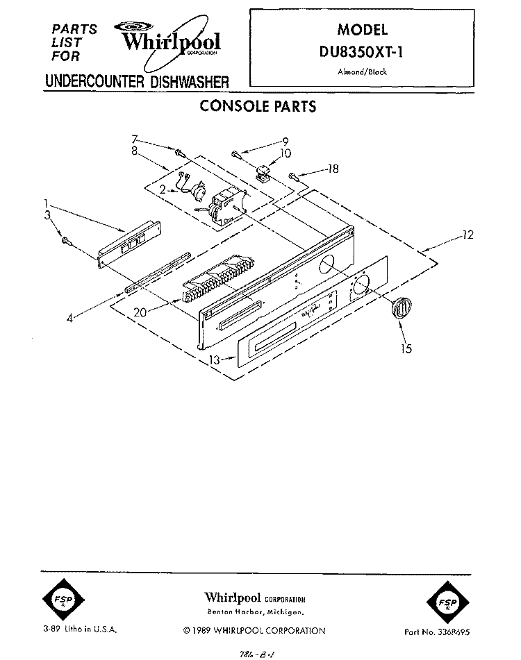 CONSOLE Diagram and Parts List for DU8350XT1  Whirlpool Dishwasher