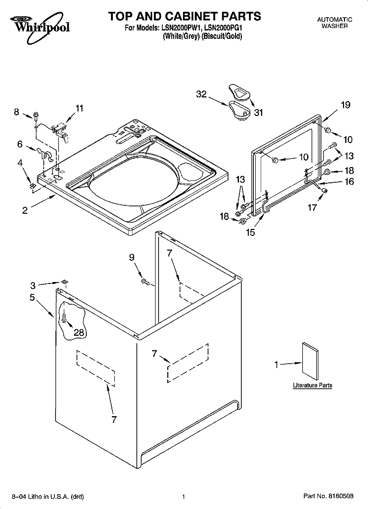 TOP AND CABINET PARTS Diagram and Parts List for LSN2000PG1  Whirlpool Washer