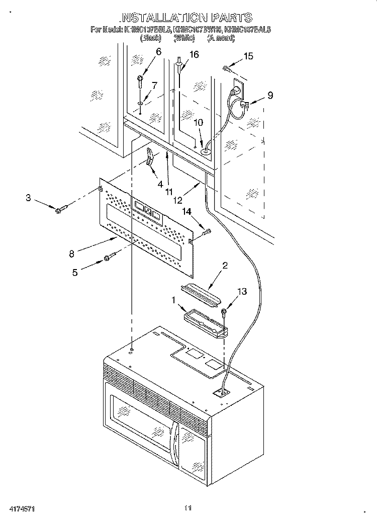 INSTALLATION Diagram and Parts List for KHMC107BAL5  KitchenAid Microwave