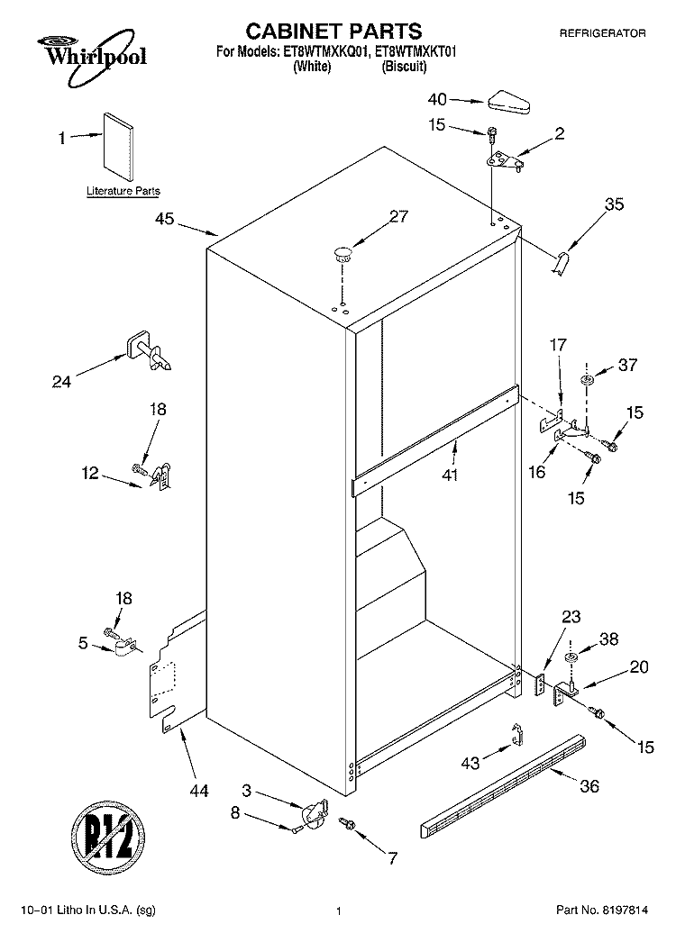 CABINET, LITERATURE Diagram and Parts List for ET8WTMXKT01  Whirlpool Refrigerator