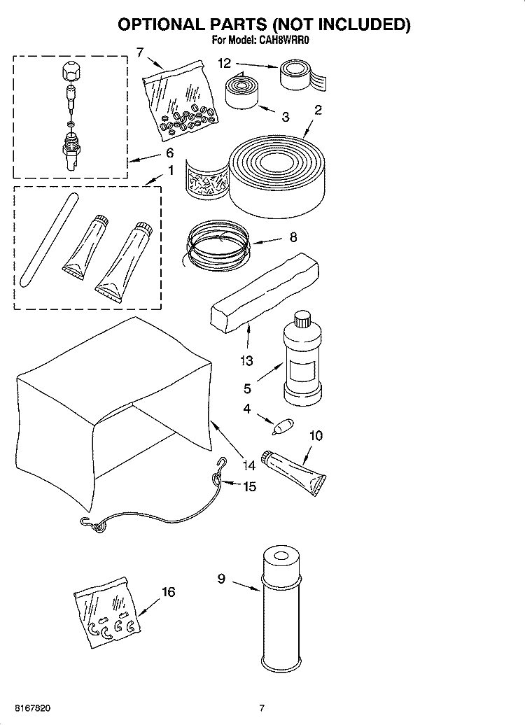 OPTIONAL  PARTS (NOT INCLUDED) Diagram and Parts List for CAH8WRR0  Crosley Air Conditioner