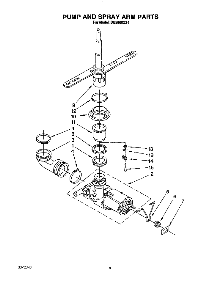 PUMP AND SPRAY ARM Diagram and Parts List for DU8000XX4  Whirlpool Dishwasher