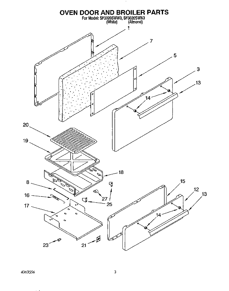 OVEN DOOR AND BROILER Diagram and Parts List for SF3020SWN3  Whirlpool Range