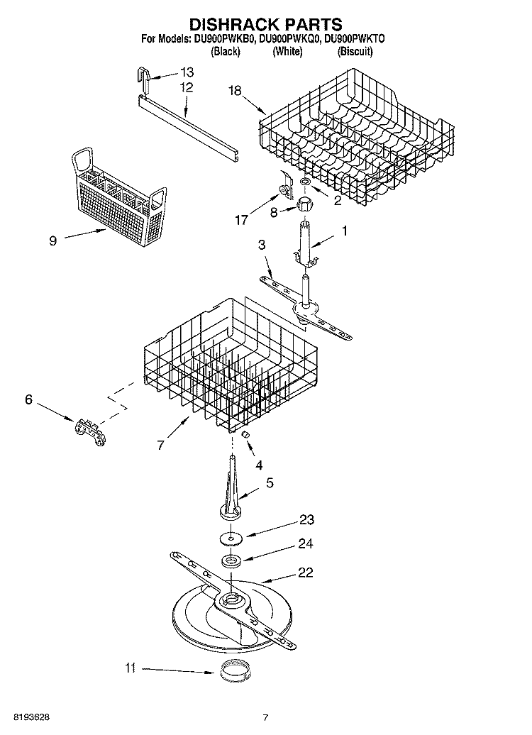 DISHRACK Diagram and Parts List for DU900PWKB0  Whirlpool Dishwasher