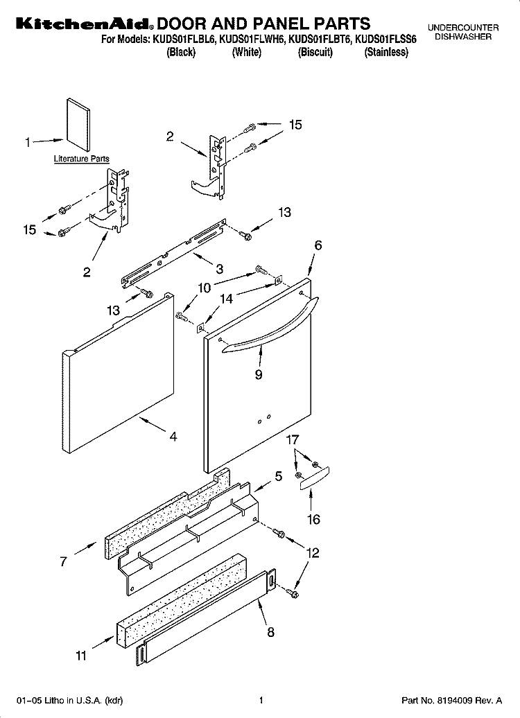 DOOR AND PANEL PARTS Diagram and Parts List for KUDS01FLSS6  KitchenAid Dishwasher