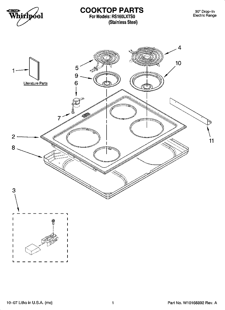 COOKTOP PARTS Diagram and Parts List for RS160LXTS0  Whirlpool Range