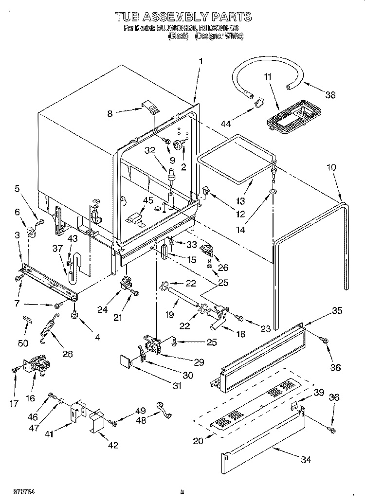 TUB ASSEMBLY Diagram and Parts List for RUD3000HB0  Roper Dishwasher