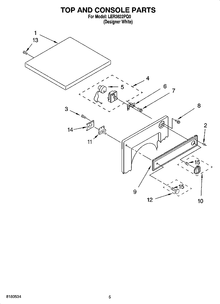 TOP AND CONSOLE PARTS, OPTIONAL PARTS (NOT INCLUDED) Diagram and Parts List for LER3622PQ0  Whirlpool Dryer