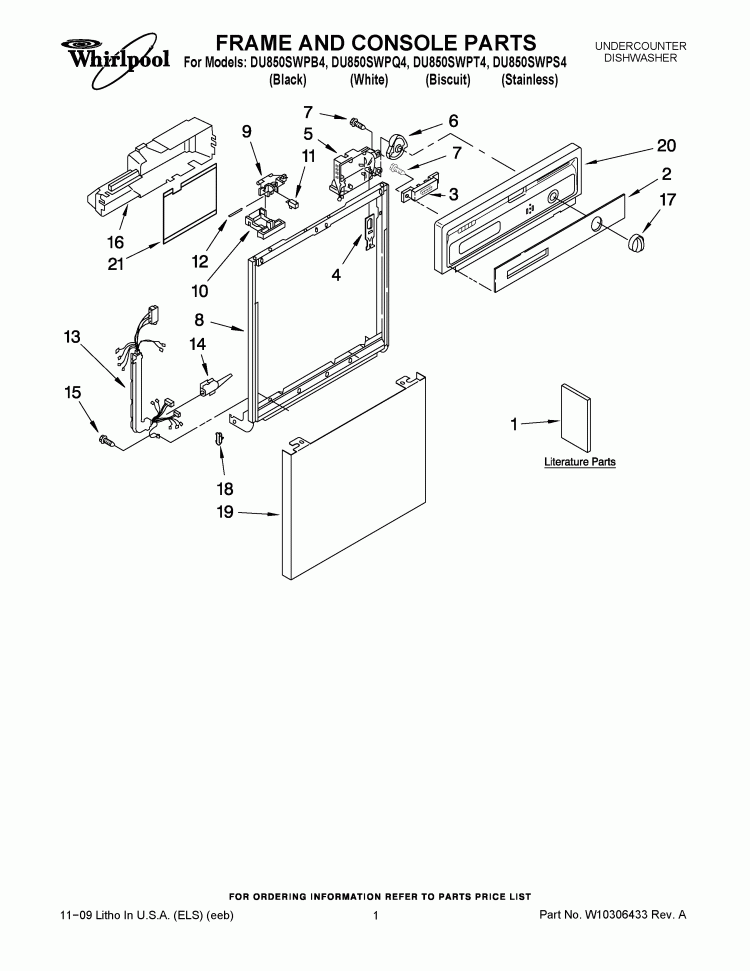 FRAME AND CONSOLE PARTS Diagram and Parts List for DU850SWPB4  Whirlpool Dishwasher