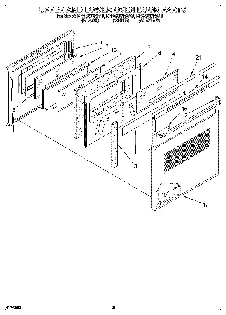 UPPER AND LOWER OVEN DOOR Diagram and Parts List for KEBS207BWH0  KitchenAid Wall Oven