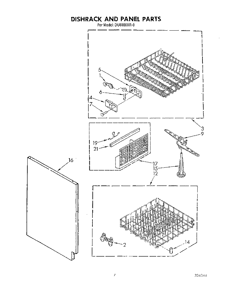DISHRACK AND PANEL Diagram and Parts List for DU8000XR0  Whirlpool Dishwasher