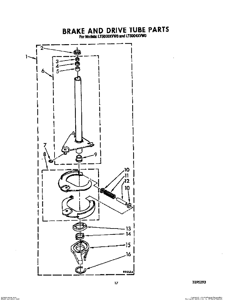 BRAKE AND DRIVE TUBE Diagram and Parts List for LT5000XVW0  Whirlpool Washer Dryer Combo