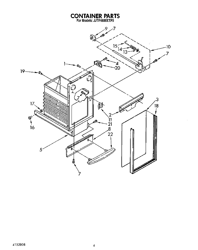 CONTAINER Diagram and Parts List for JJTU4600XTP0  Whirlpool Trash Compactor