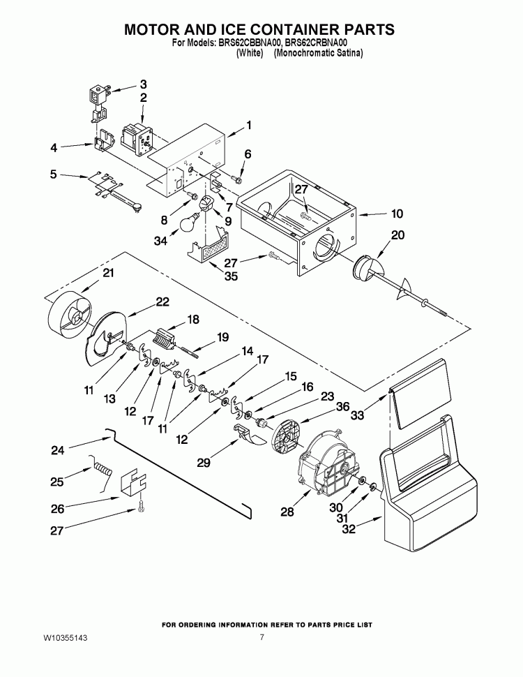 MOTOR AND ICE CONTAINER PARTS Diagram and Parts List for BRS62CRBNA00  Whirlpool Refrigerator